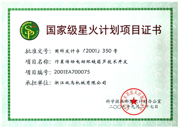 国家级星火计划项目证书